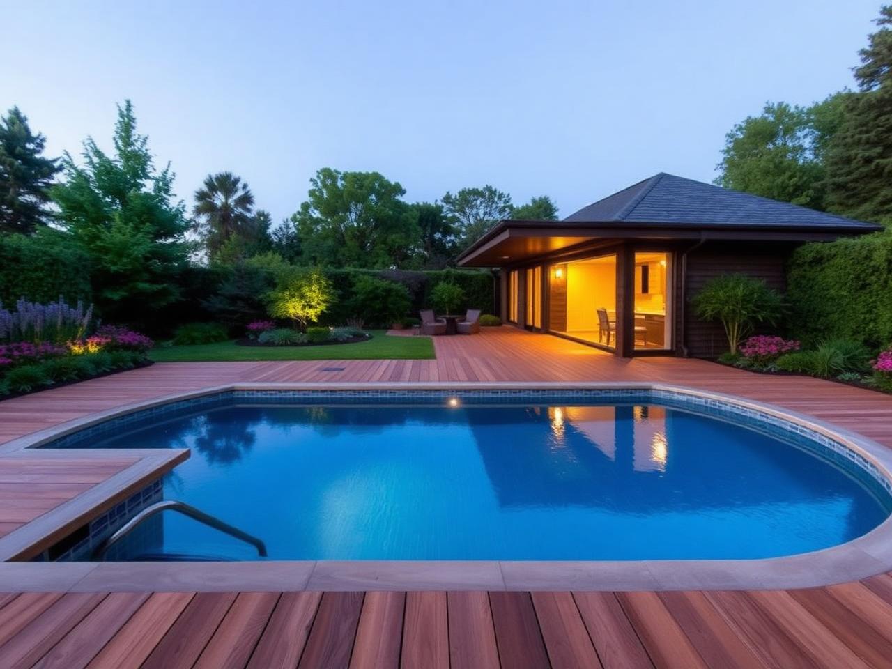 Pool mit Holzdeck und Überlaufkante