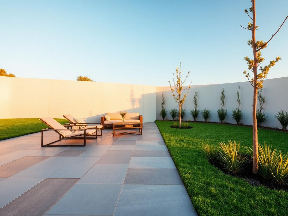 Großformatige Natursteinterrasse mit Lounge-Bereich