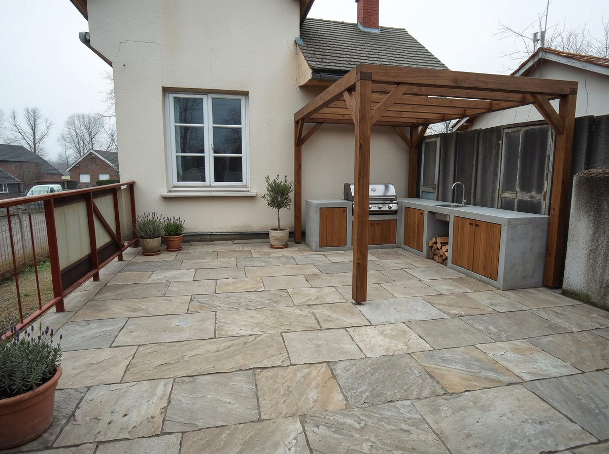 Natursteinterrasse mit Pergola – nachher