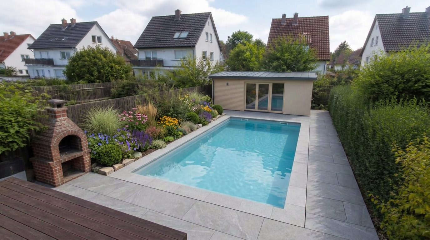 Poolanlage mit WPC-Terrasse – nachher